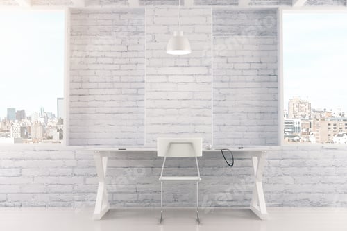 Preview: Empty White Interior With Table, Chair, Brick Wall And Windows 3D Render
