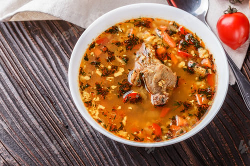 Preview: Georgian Soup. Kharcho With Rice, Tomato, Beef, Garlic And Herbs In Bowl On Wooden Table