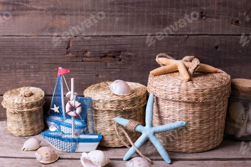 Preview: Background With Marine Items On Aged Wooden Planks. Sea Objects On Wooden Planks. Selective Focus