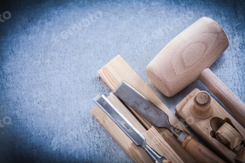 Preview: Wooden Planer Hammer Bricks Flat Chisels Construction Concept.