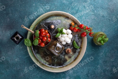 Preview: Traditional Italian Fresh Salad Caprese Made Of Organic Cherry Tomatoes And Mini Mozzarella Di