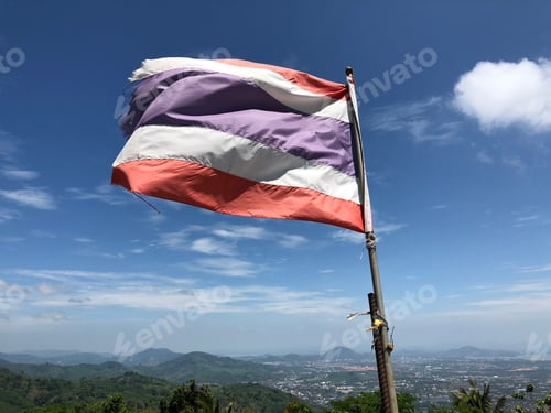 Preview: Thai Flag Next To The Golden Buddha Statue In Phuket, Thailand