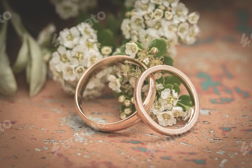 Preview: Wedding Rings In Gold On A Rusty Table.