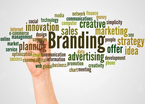 Preview: Branding Word Cloud And Hand With Marker Concept On White Background.