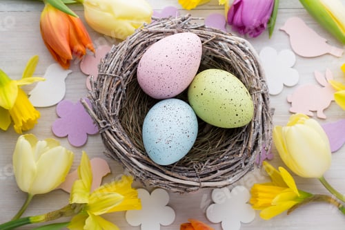 Preview: Easter And Spring Accessories. Greeting Card. View From Above. Flat Lay.