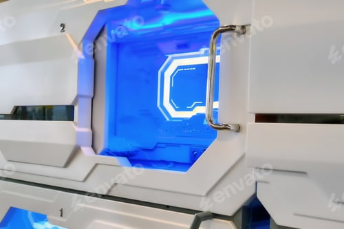 Preview: A Place For The Traveler To Rest Before The Flight Hotel. Blue Light Inside The Room In Capsule