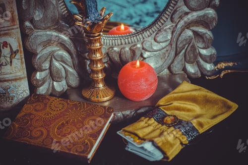 Preview: Magical Scene, Esoteric Concept, Fortune Telling, Candle, Tarot Cards On A Table, Vintage Details