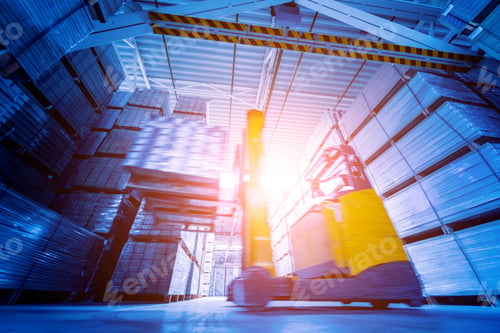 Preview: Forklift Loader In Storage Warehouse Ship Yard. Distribution Products. Delivery. Logistics