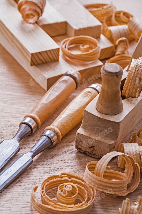 Preview: Very Close Up View Joinery Tools Old Fashioned Woodworkers Plane Chisels Planks Shawings