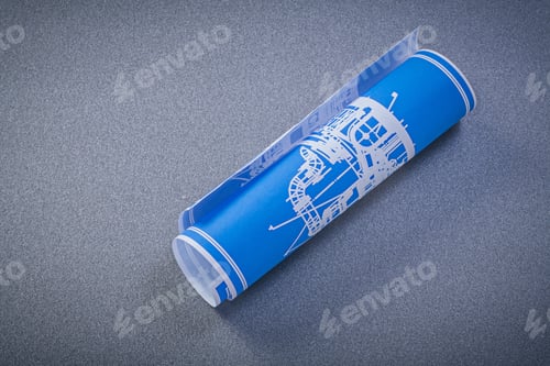 Preview: Blue Rolled Blueprint On Grey Background Construction Concept.