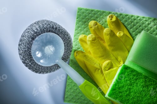 Preview: Cleaning Metallic Brush Washcloth Sponge Safety Gloves On White Background.