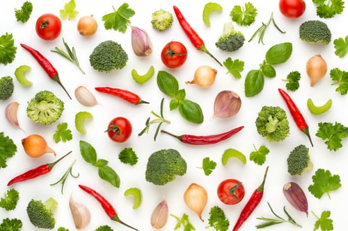 Preview: Vegetable And Spices Isolated On White Background, Top View. Flat Lay.
