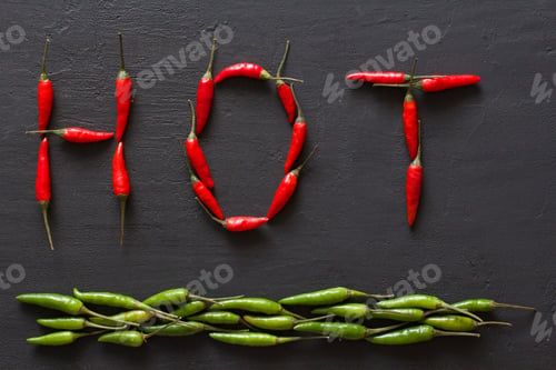 Preview: Word Hot Red Hot Chili Peppers On Black Dark Background On Black Table. Hot Letter Arranged From