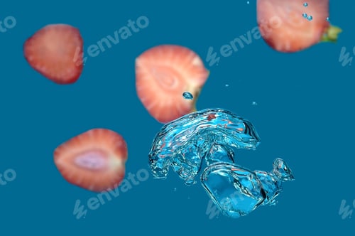 Preview: Water Bubble With Strawberries On Blue Background