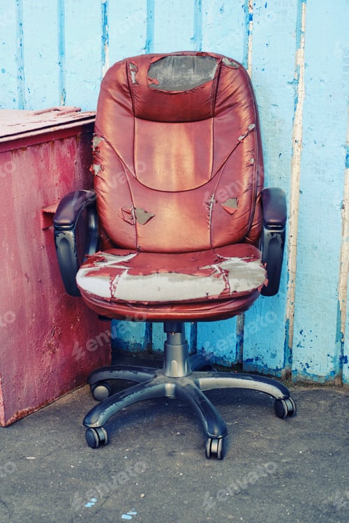 Preview: Old Leather Computer Chair Thrown Into The Street, Bankrupt Concept And Business Problems