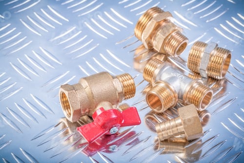 Preview: Brass Nipple Hose Connectors Equal Tee Check Water Valve On Grooved Metal Background Plumbing