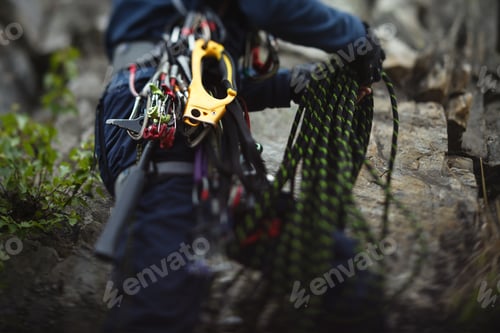 Preview: Climbing Equipment On The Belt Climber, Abstract Blurred Image, Close-Up.