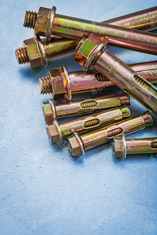 Preview: Variation Of Threaded Anchor Bolts With Screw Nuts On Metallic Background Repairing Concept
