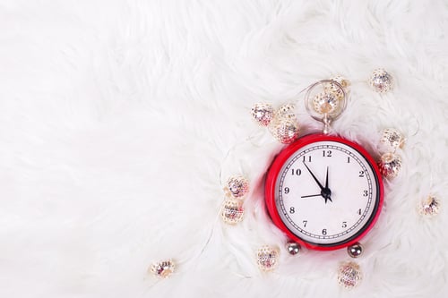 Preview: Red Clock - Symbol Of New Year On White Fur Background. Winter Holidays Concept. Time Concept. Top