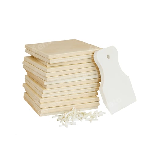 Preview: Stack Of Ceramic Tiles And Tools. Isolated On White Background