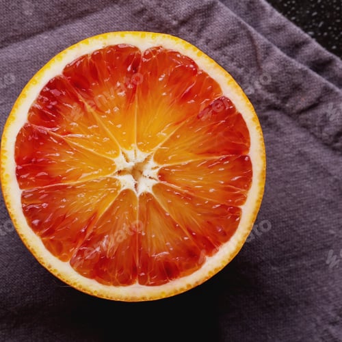 Preview: Bio Bloody Oranges With Napkin On Metal Board, Cut In Halves. Top View. Square Image
