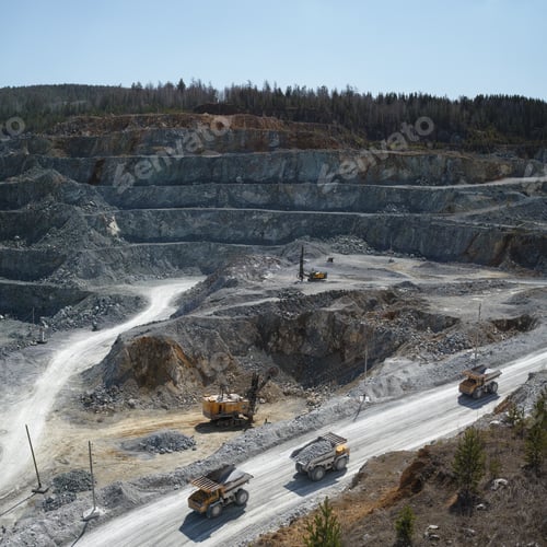 Preview: A Drilling Rig, An Excavator And Several Dump Trucks - The Work Of Heavy Mining Machinery Against