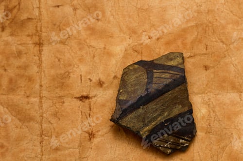Preview: Archaeological Find: A Fragment Of Ancient Pottery On A Background Of Old Paper