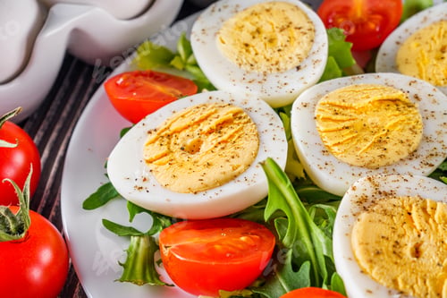 Preview: Salad With Boiled Chicken Eggs And Cherry Tomatoes On A Wooden Rustic Background