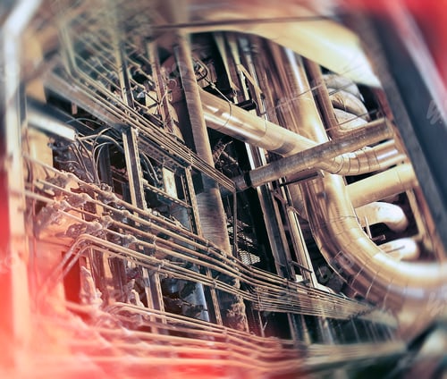 Preview: Industrial Factory. Various Mechanisms And Metal Pipes. Toned Image. Motion Blur Effect.