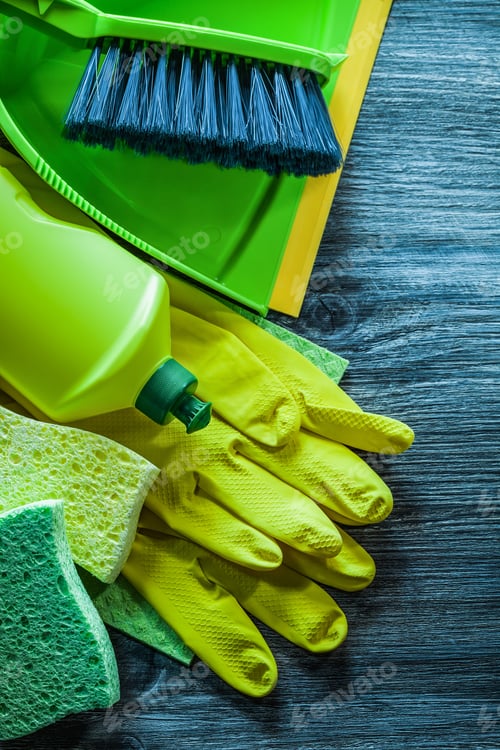 Preview: Set Of Household Cleaning Objects On Vintage Wooden Board.