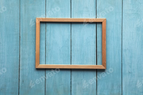 Preview: Old Wooden Photo Frame On Blue Wooden Wall