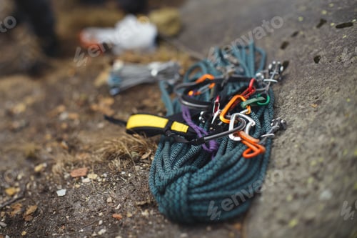 Preview: Climbing Rope And Other Tools Lying On The Rocks Closeup. Tilt-Shift Effect.