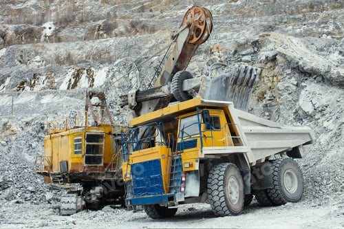 Preview: Quarry Dump Truck During The Loading Of Stone Ore In A Limestone Quarry, Close-Up, Mining Industry.