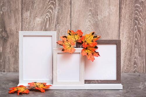 Preview: Ready Mock Up. Three Empty Photo Frames On A Stand And Orange Ma
