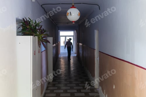 Preview: Abstract Background Of Old Corridor In Kindergarten. Lockdown Period Covid-19 Without Children