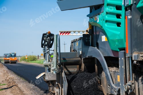 Preview: Workers On A Road Construction, Industry And Teamwork, New Asphalt