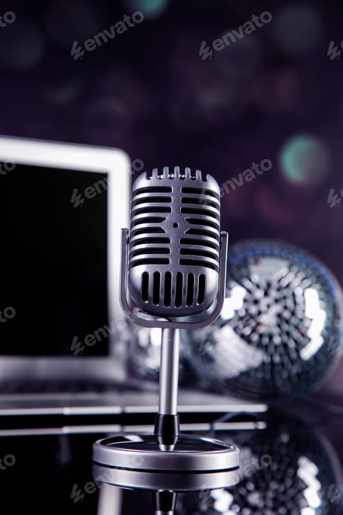 Preview: Professional Silver Microphone On A Black Glossy Background