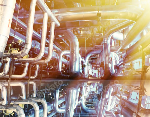 Preview: Industrial Zone, Steel Pipelines In Blue Tones With Reflection
