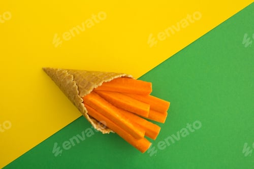 Preview: Ice Cream Cone With Sliced Carrots On The Colorful Background.Top View.Copy Space.