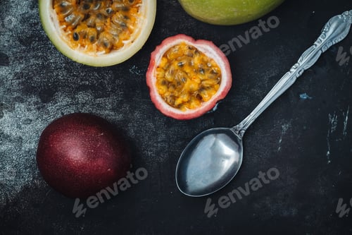 Preview: Fresh And Juicy Raw Passion Fruit And Maracuja On A Table