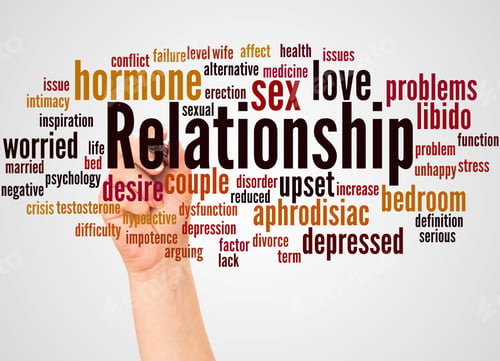 Preview: Relationship Word Cloud And Hand With Marker Concept On Gradient Background.