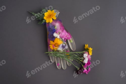 Preview: Rubber Glove With Water And Brigh Flowers Holding Bouquet Of Colourful Flowers