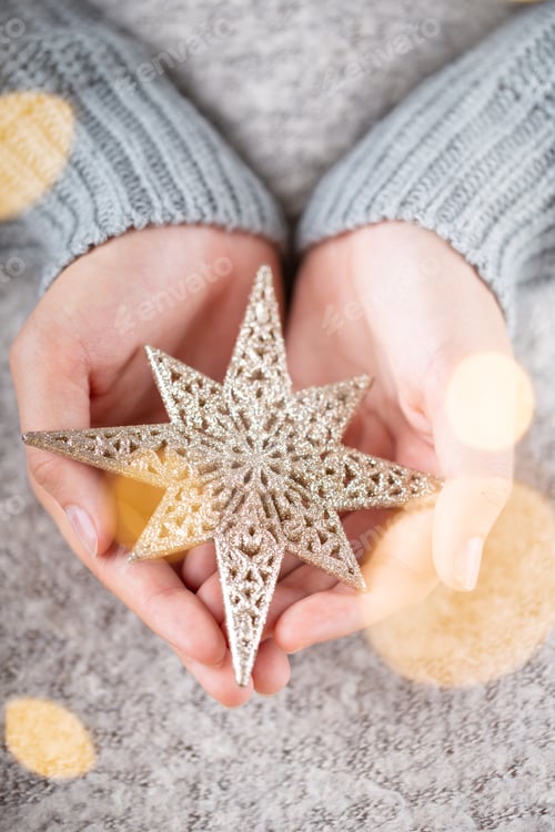 Preview: Winter Concept Young Hands Holding Christmas Decor. Christmas Decoration Idea. Christmas Decor In