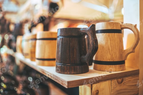 Preview: Wooden Handmade Cups In Scandinavian Style On The Christmas Street Market