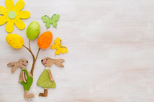 Preview: Spring And Easter Decor. Wooden Symbols Bunny, Flowers And Butterflies.