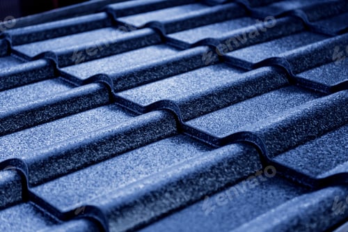 Preview: Blue Metallic Roof Tiles Background With Drops Of Water.