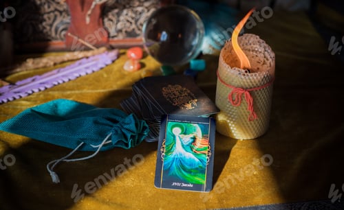 Preview: Magic Scene, Mystical Atmosphere, Candle And Other Stuff On The Table, Esoteric Concept. Europe