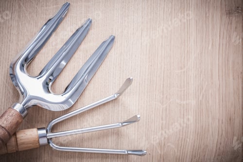 Preview: Stainless Gardening Trowel Fork And Rake On Wooden Board Agriculture Concept.