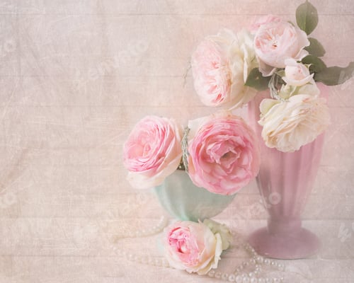 Preview: Sweet Pink Roses Flowers In Vases On Wooden Background. Selective Focus. Toned Image. Place For