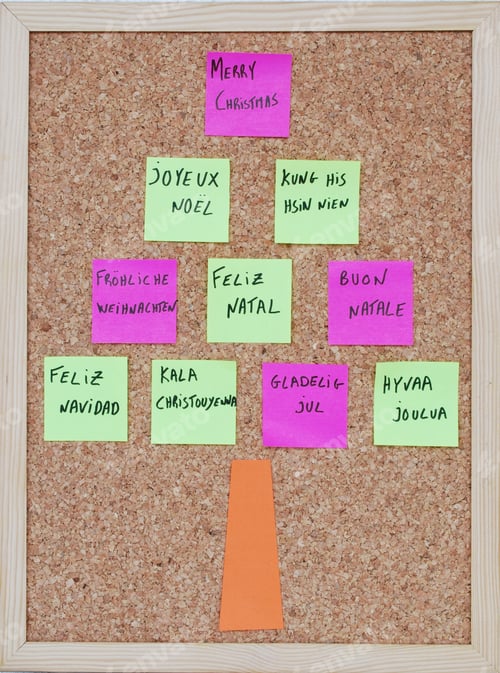 Preview: Merry Christmas Tree Concept In Ten Languages On A Corkboard